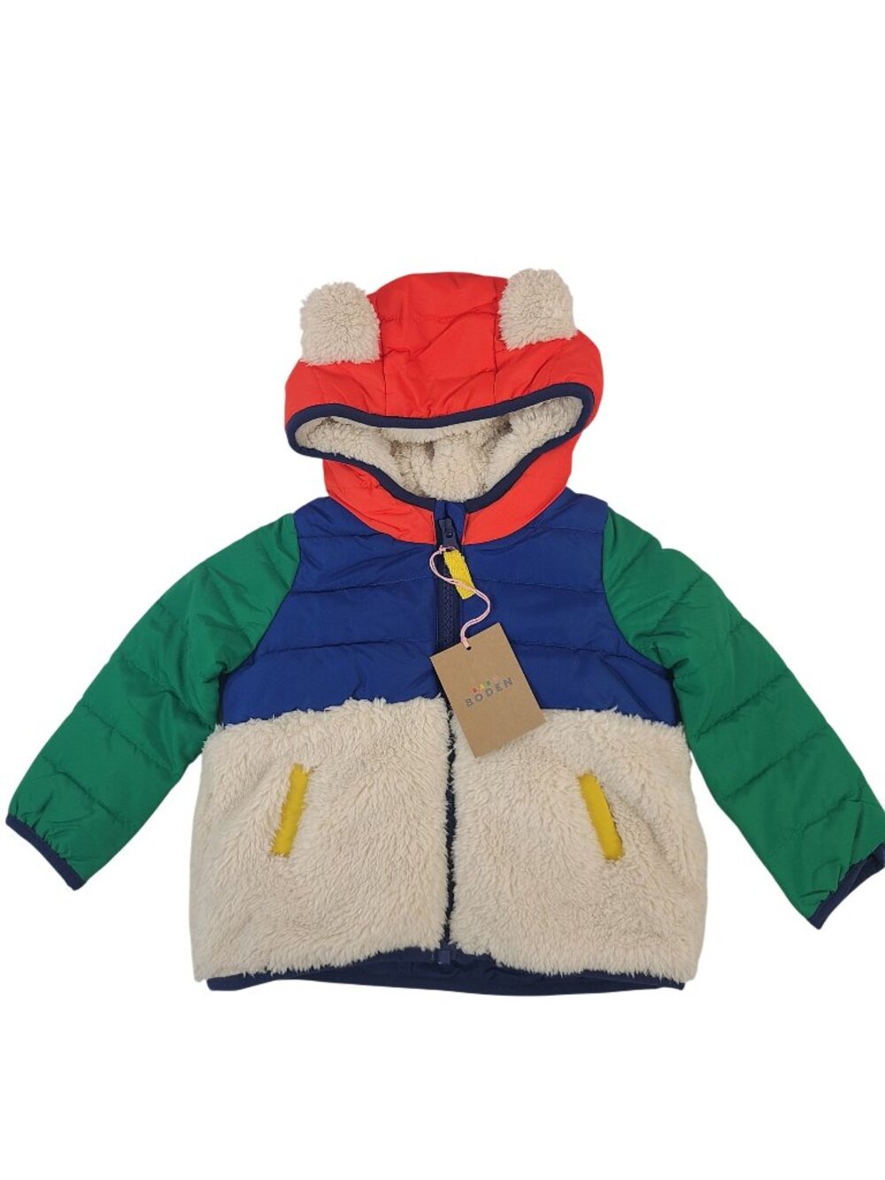 NEW Baby Boden Colorblock Sherpa Lined Hooded Jacket With Ears Sz 6-9M